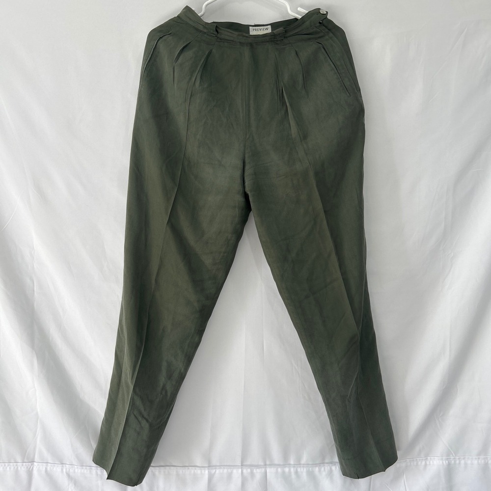Preview Collection 100% Silk Trousers Olive Green Pleated High Waist Pants 6